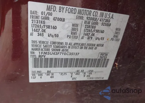 2000 Ford Excursion Limited z USA, uszkodzony, nr VIN 1FMSU43F7YEC35137